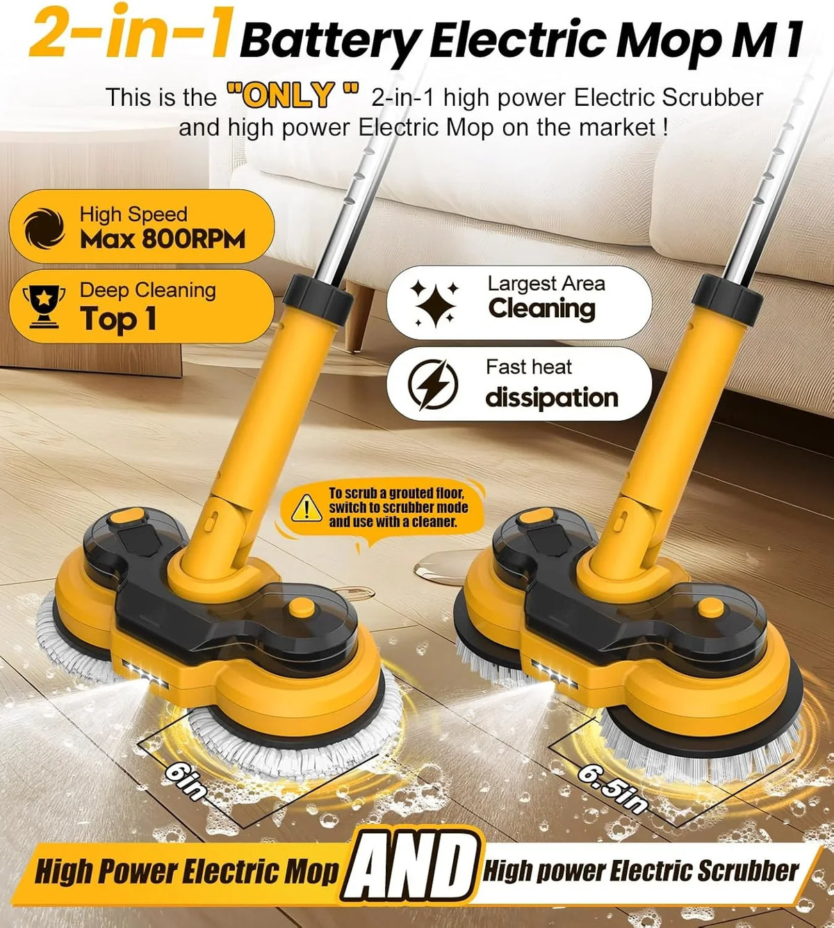 qimedo 2-in-1 Cordless Electric Mop And Power Scrubber, 6000mAh, 800RPM - M1 YD-QJS1804SS-PRO1