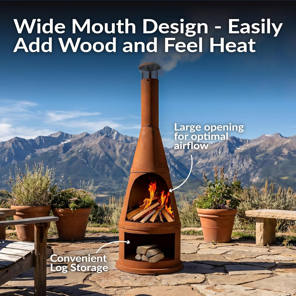 Sunnydaze Wood-Burning Outdoor Chiminea Fire Pit, 23 in Diameter x 70 in H, Steel, Rustic