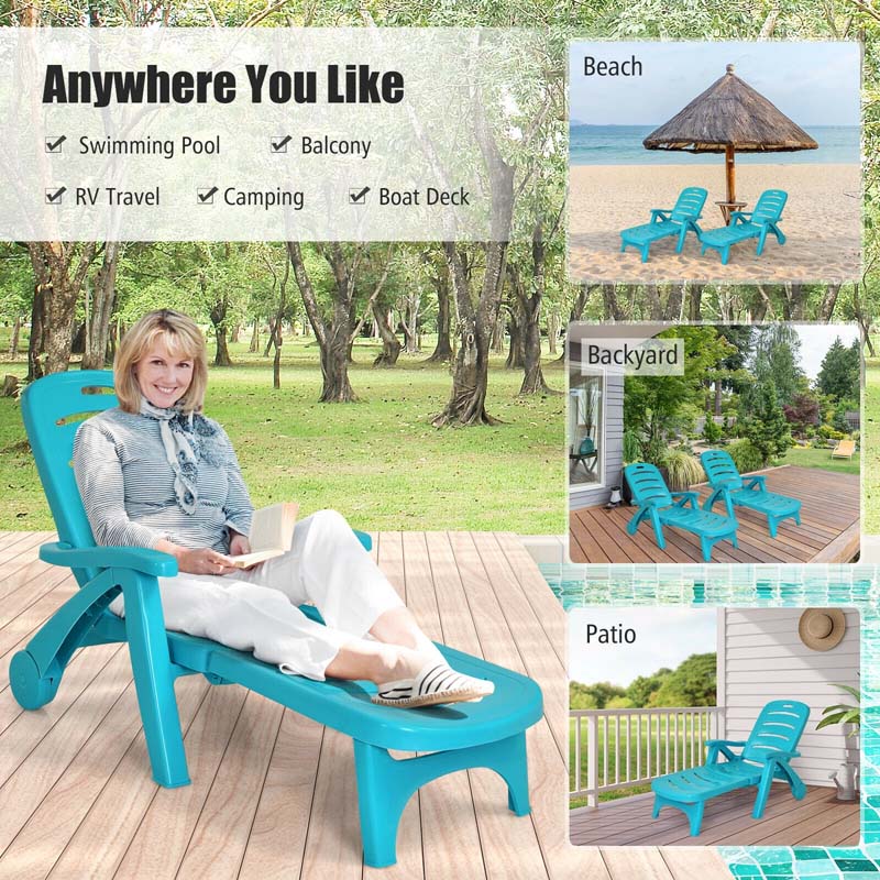 Rolling Folding Plastic Pool Lounge Chair With Armrests, 5 Position - Patio Deck Beach Chair