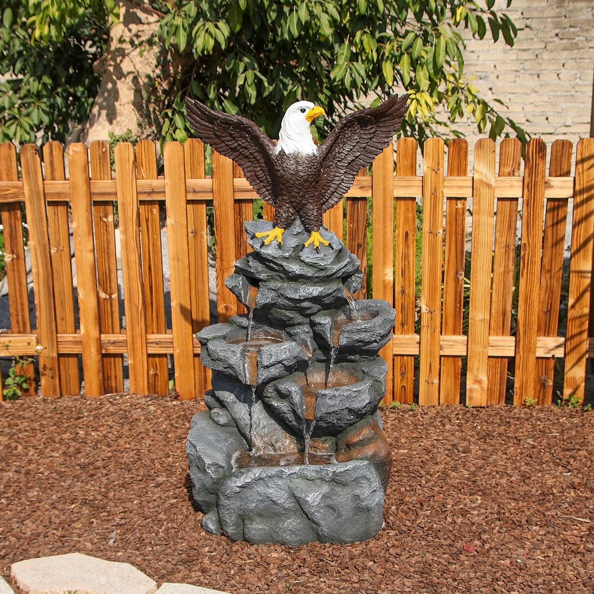 FountJoy Bald Eagle Outdoor Fountain With Tiered Cascading Rock Water Feature, 38.58 in Tall