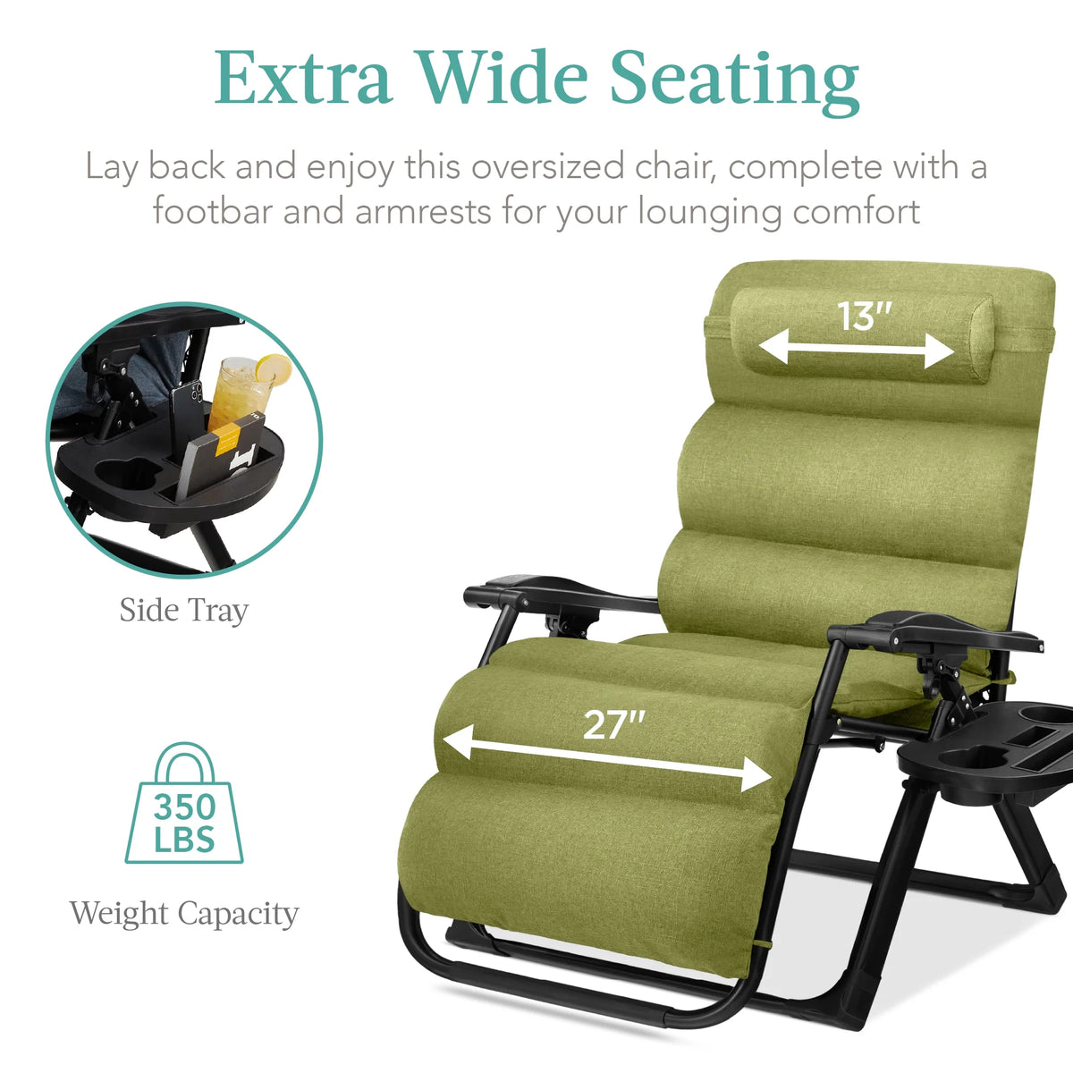 Best Choice Products Oversized Zero Gravity Folding Recliner With Removable Cushion And Side Tray - Fossil Gray
