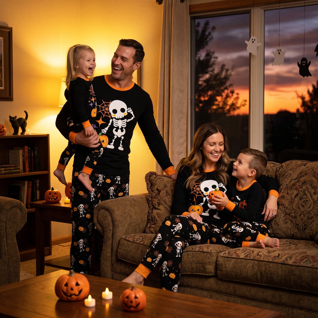NIPAXO Family Matching Halloween Pajamas Set - Spooky Cute Skeleton & Pumpkin Graphic Long Sleeve Sleepwear for Adults, Kids & Toddlers