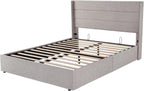 Queen Size Lift-Up Storage Bed With Wingback Headboard, Upholstered Platform Bed Frame With Hidden Storage