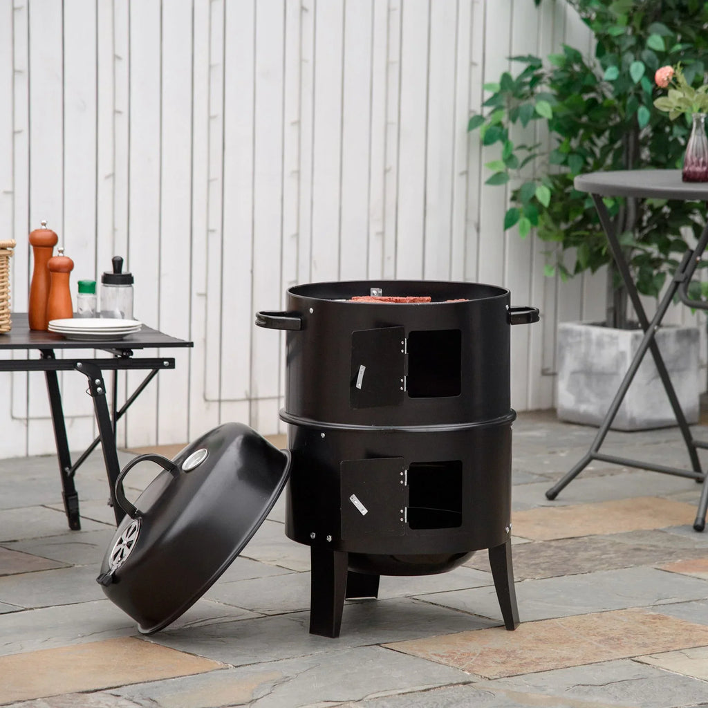 Outsunny 3-in-1 16in Round Charcoal BBQ Smoker Grill With 2 Cooking Areas And Thermometer - Black