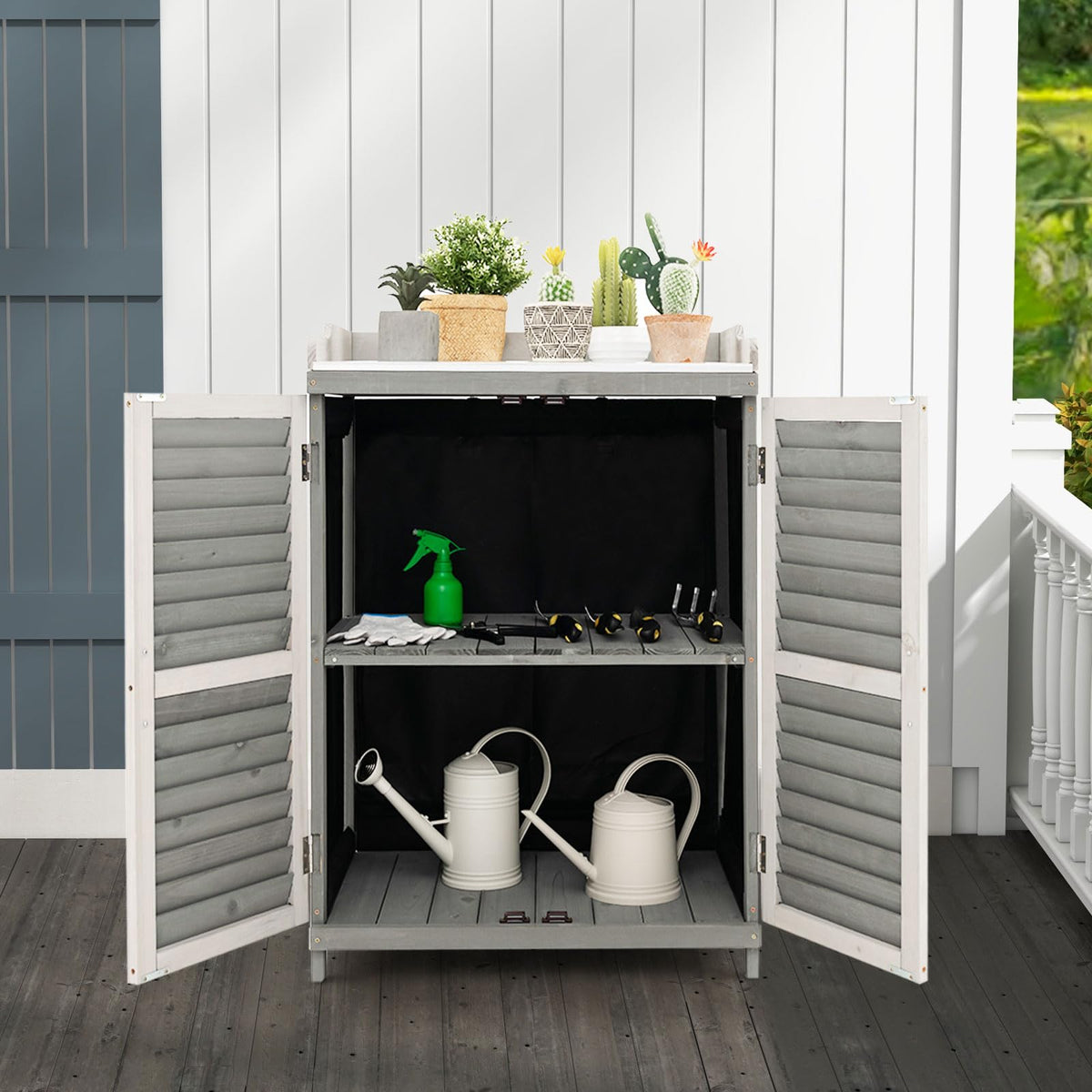 Outdoor Potting Workbench With Metal Tabletop And Garden Storage Cabinet