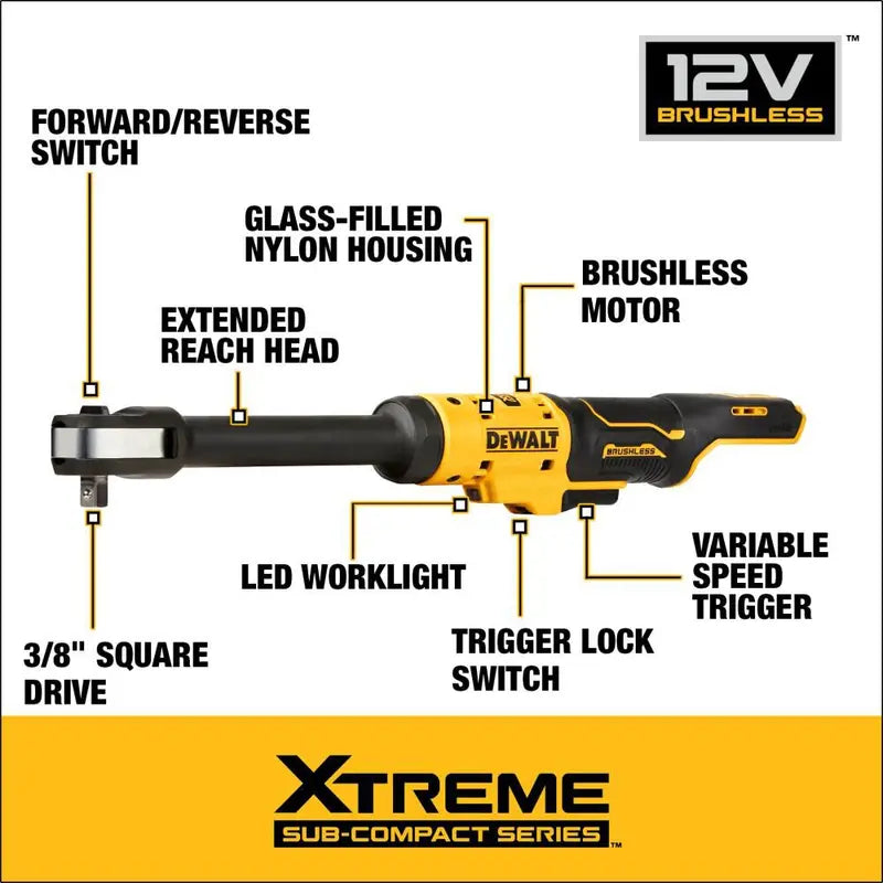 DEWALT XTREME 12V MAX 3/8 in Extended Reach Brushless Ratchet Bare Tool - DCF503EB