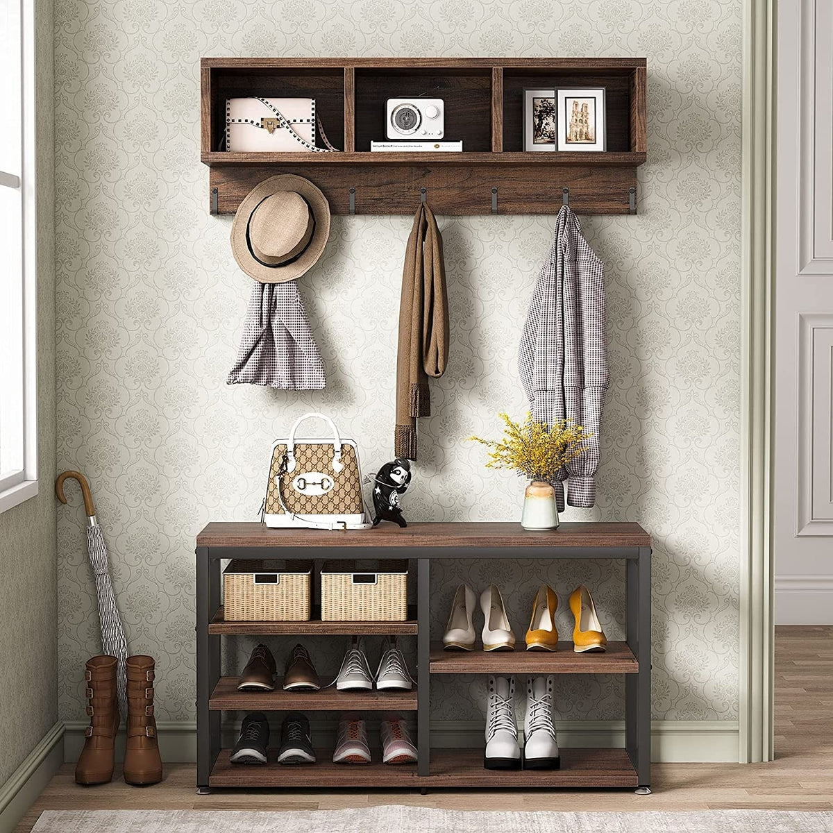 5-in-1 Entryway Hall Tree With Coat Rack, Shoe Bench, 7 Hooks, 3 Cubbies And 3-Tier Shoe Rack