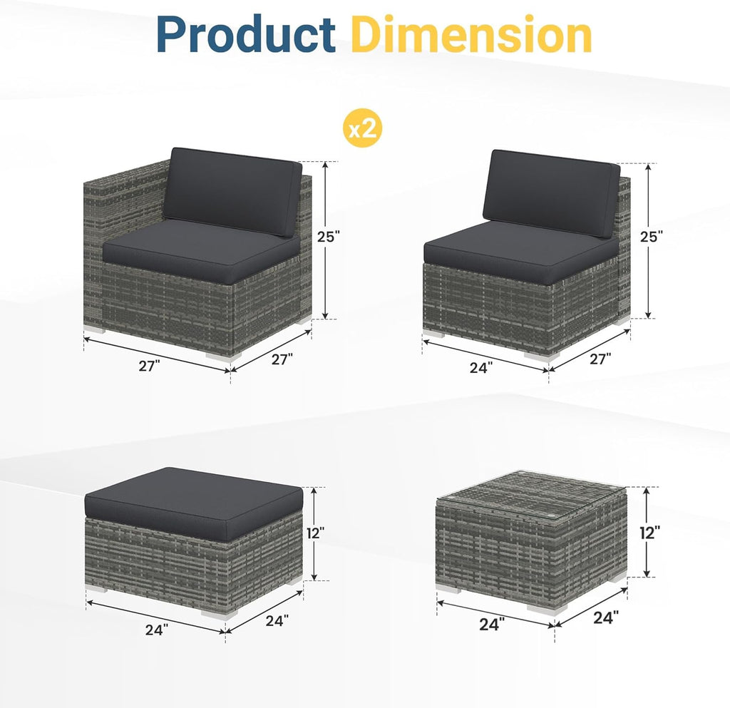 Wisteria Lane 5-Piece Outdoor Wicker Rattan Sectional Conversation Set With Cushions And Glass Coffee Table - Grey
