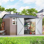 JAXPETY 10 x 10 ft Outdoor Metal Storage Shed With Window And Lockable Door - Brown