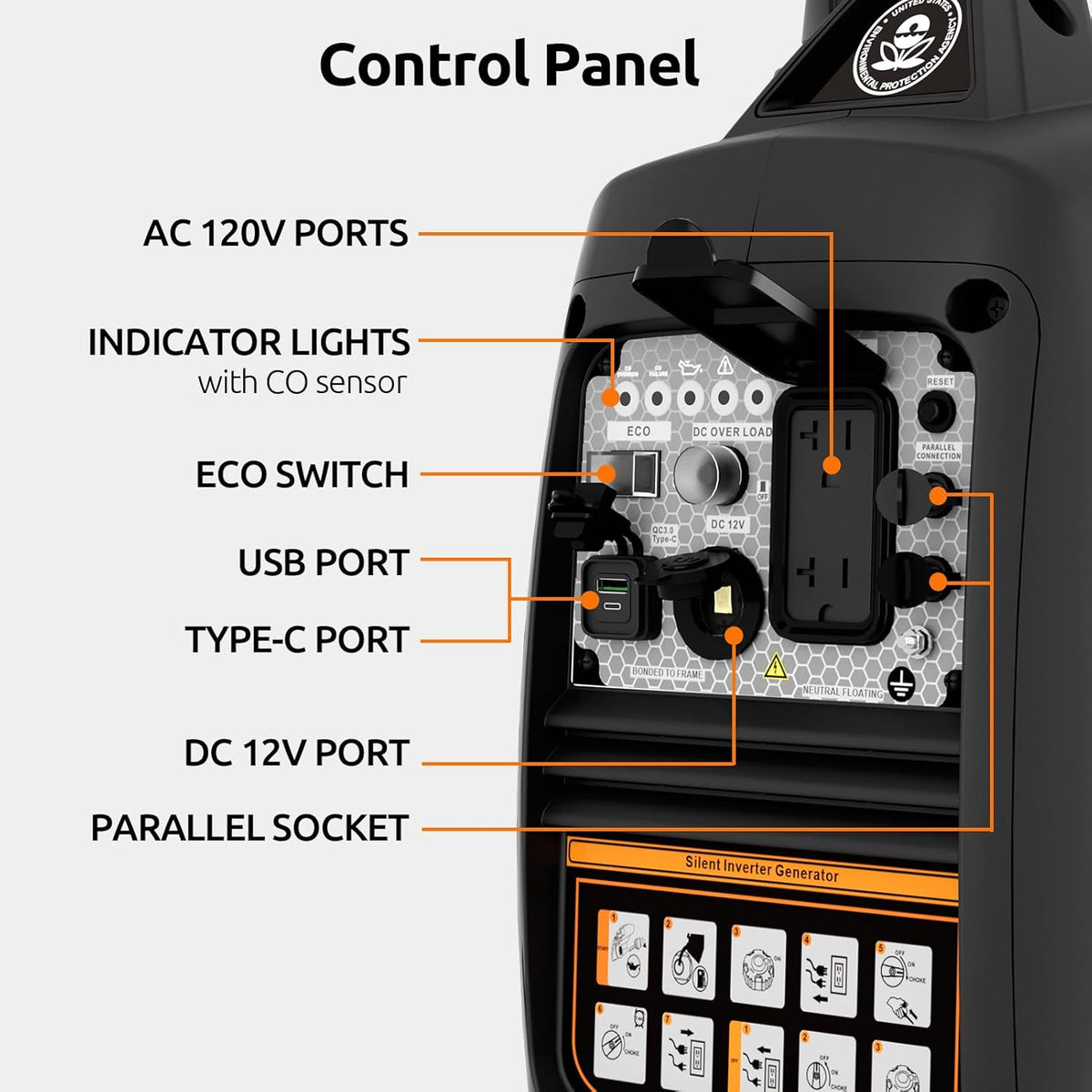 Portable Inverter Generator 2500W Gas Powered - Orange