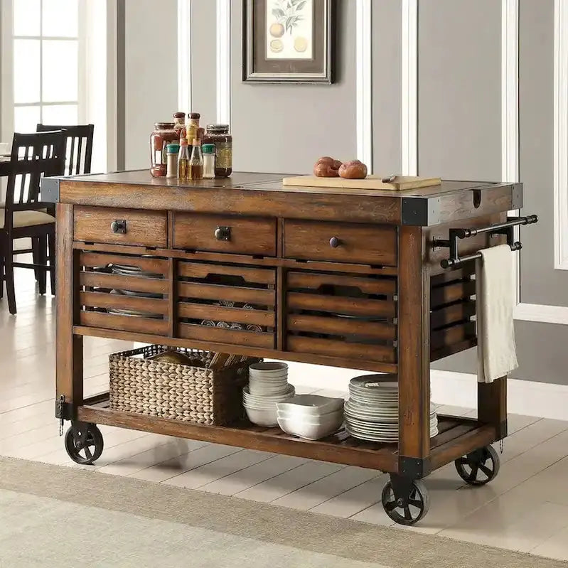 Kitchen Island Cart With 3 Drawers, Wood And Metal, Distressed Chestnut
