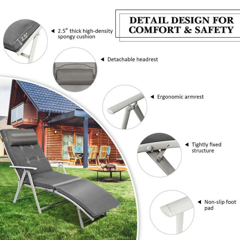 7 Position Folding Outdoor Chaise Lounge Chair With Cushion And Pillow
