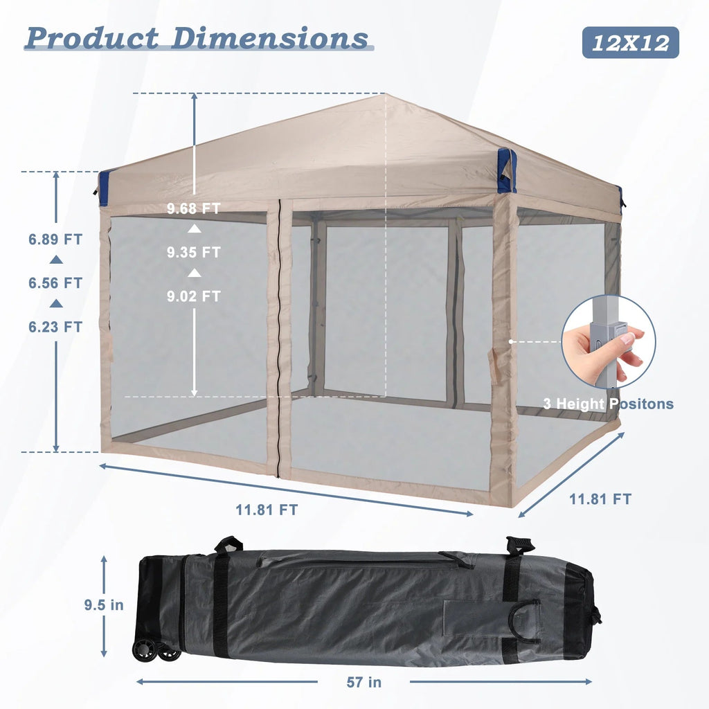 Aoodor Pop Up Canopy 12'x12' With Removable Mesh Sidewalls - Black