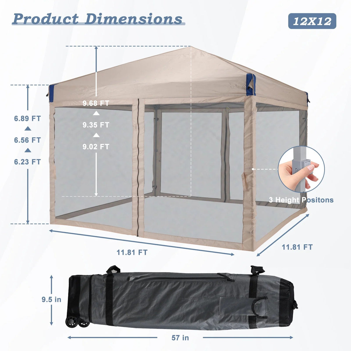 Aoodor Pop Up Canopy 12'x12' With Removable Mesh Sidewalls - Black
