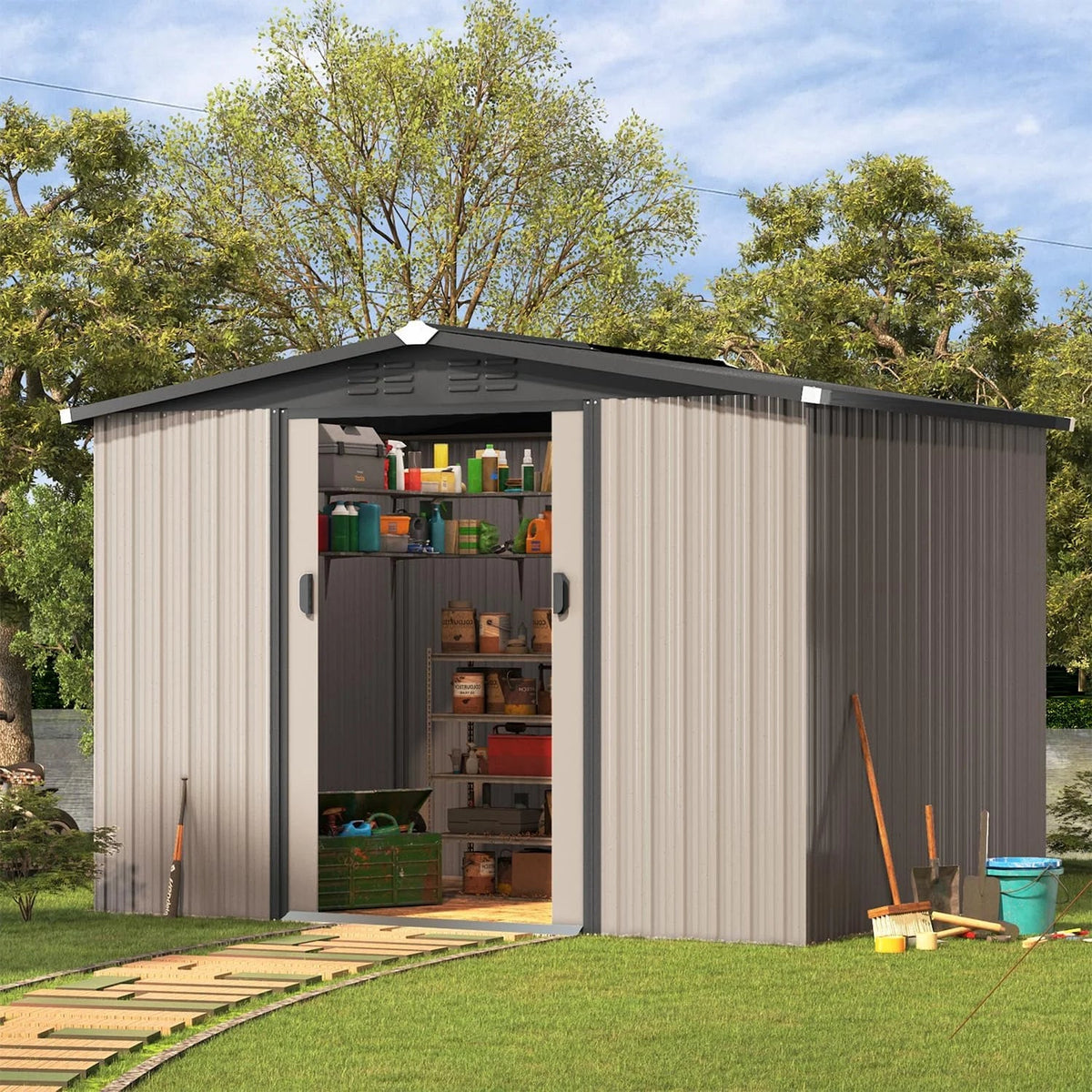 U-MAX 8 x 6 ft. Wood Grain Outdoor Metal Storage Shed With Lockable Door