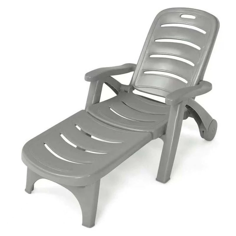 Rolling Folding Plastic Pool Lounge Chair With Armrests, 5 Position - Patio Deck Beach Chair