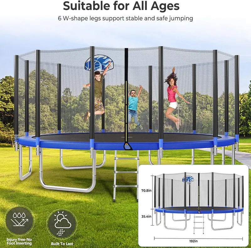 Trampoline With Enclosure Net And Adjustable Basketball Hoop - 8ft, 10ft, 12ft, 14ft, 15ft, 16ft