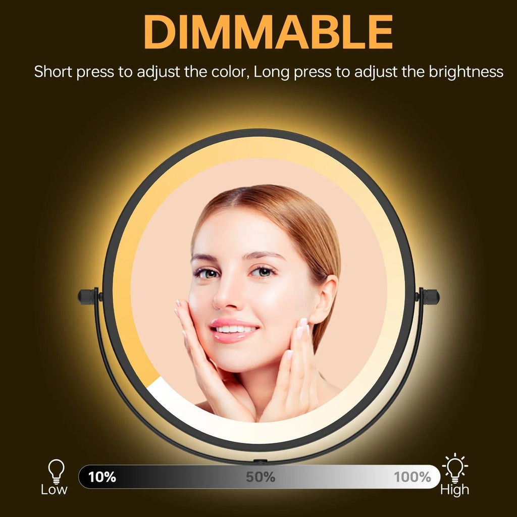 8 Inch Round Wall-Mounted Makeup Mirror, Rechargeable, 1X/10X Magnification, 3-Color LED Lights