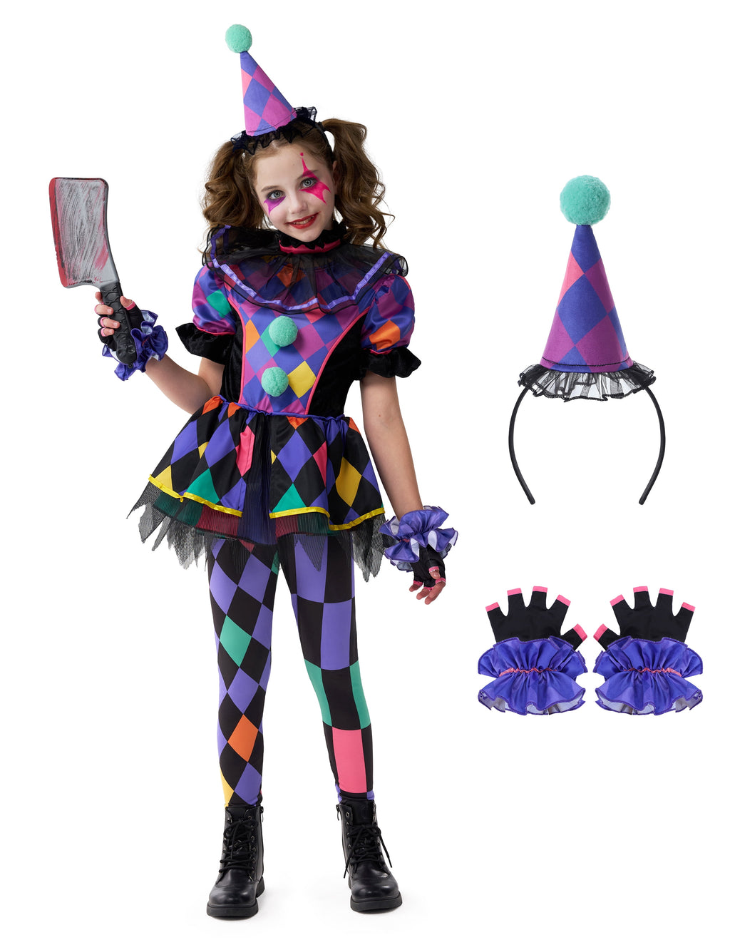 Joyfy Girls Clown Costume, Halloween Scary Clown Costume, Dark Colorful Twisted Clown Jester Dress for Girls Halloween Dress Up, Role Play, Cosplay Party