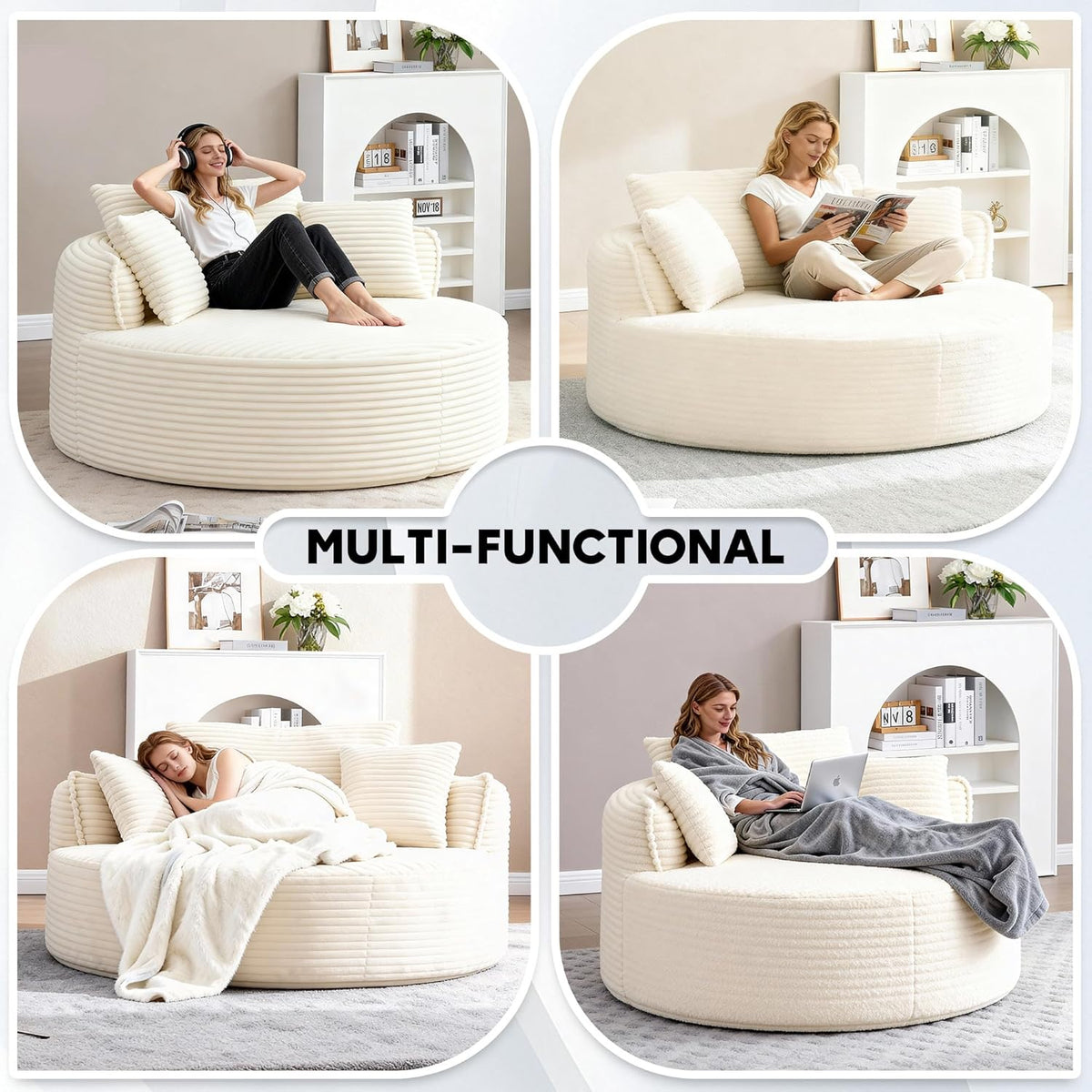 Oversized Round Chaise Lounge Chair, 53.5in x 53.5in, Corduroy, Beige White