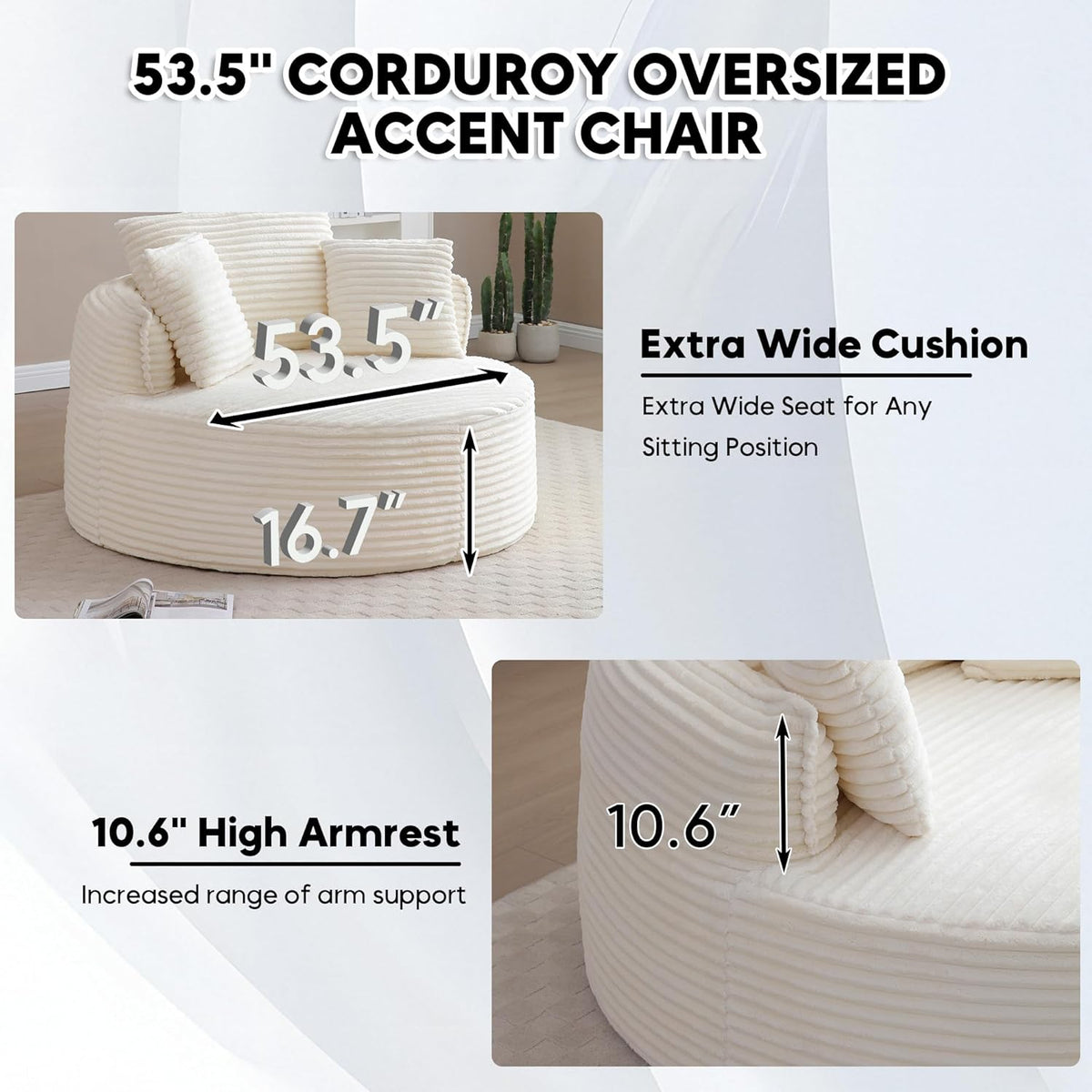 Oversized Round Chaise Lounge Chair, 53.5in x 53.5in, Corduroy, Beige White