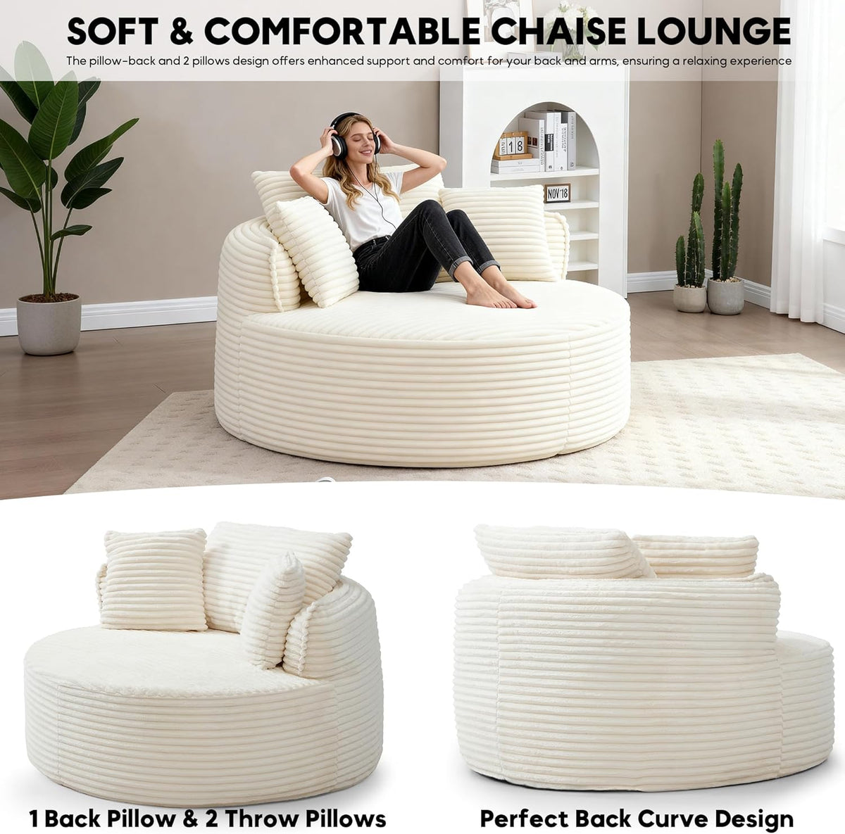 Oversized Round Chaise Lounge Chair, 53.5in x 53.5in, Corduroy, Beige White