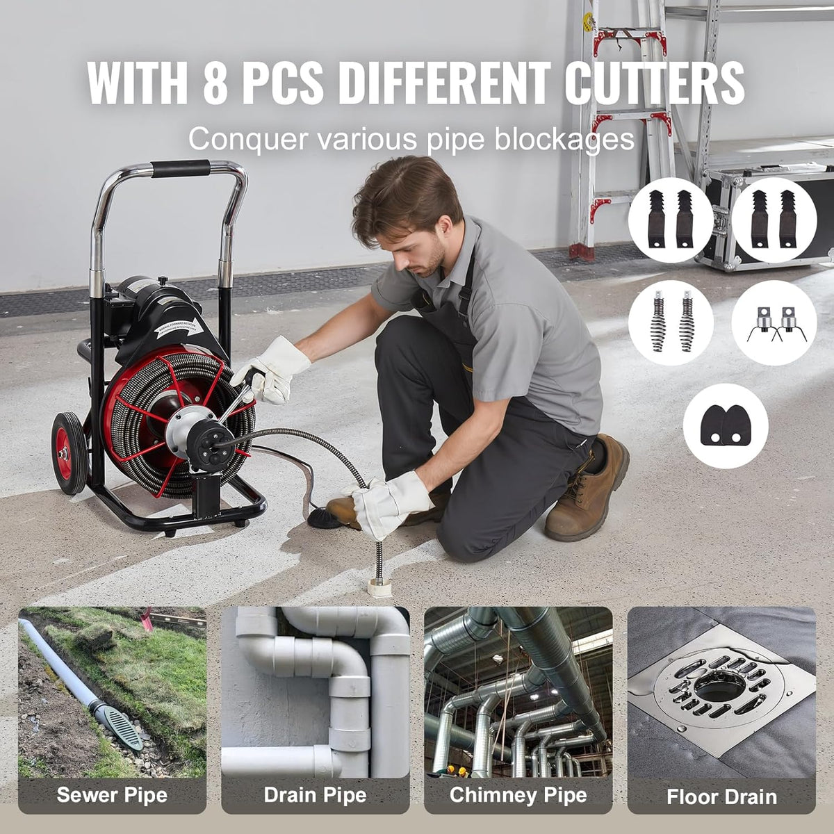 VEVOR Drain Cleaner Machine 100FT x 1/2 Inch, 550W, Red + Black - Drain Cleaner Machine 100 FT x 1/2 Inch
