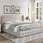 Queen Size Lift-Up Storage Bed With Wingback Headboard, Upholstered Platform Bed Frame With Hidden Storage