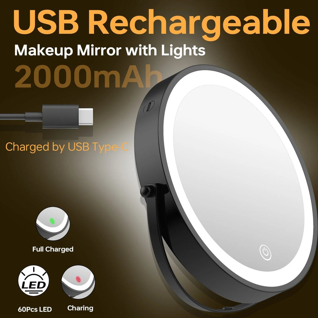 8 Inch Round Wall-Mounted Makeup Mirror, Rechargeable, 1X/10X Magnification, 3-Color LED Lights
