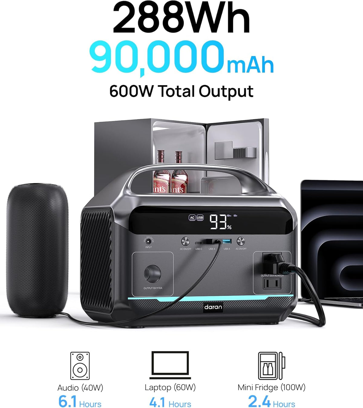 DaranEner Portable Power Station With 80W Solar Panel, 288Wh LiFePO4 Battery, 600W, 1200W Surge