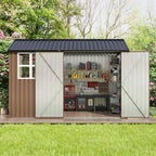 JAXPETY 10 x 10 ft Outdoor Metal Storage Shed With Window And Lockable Door - Brown