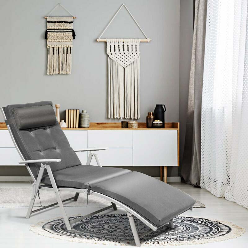 7 Position Folding Outdoor Chaise Lounge Chair With Cushion And Pillow
