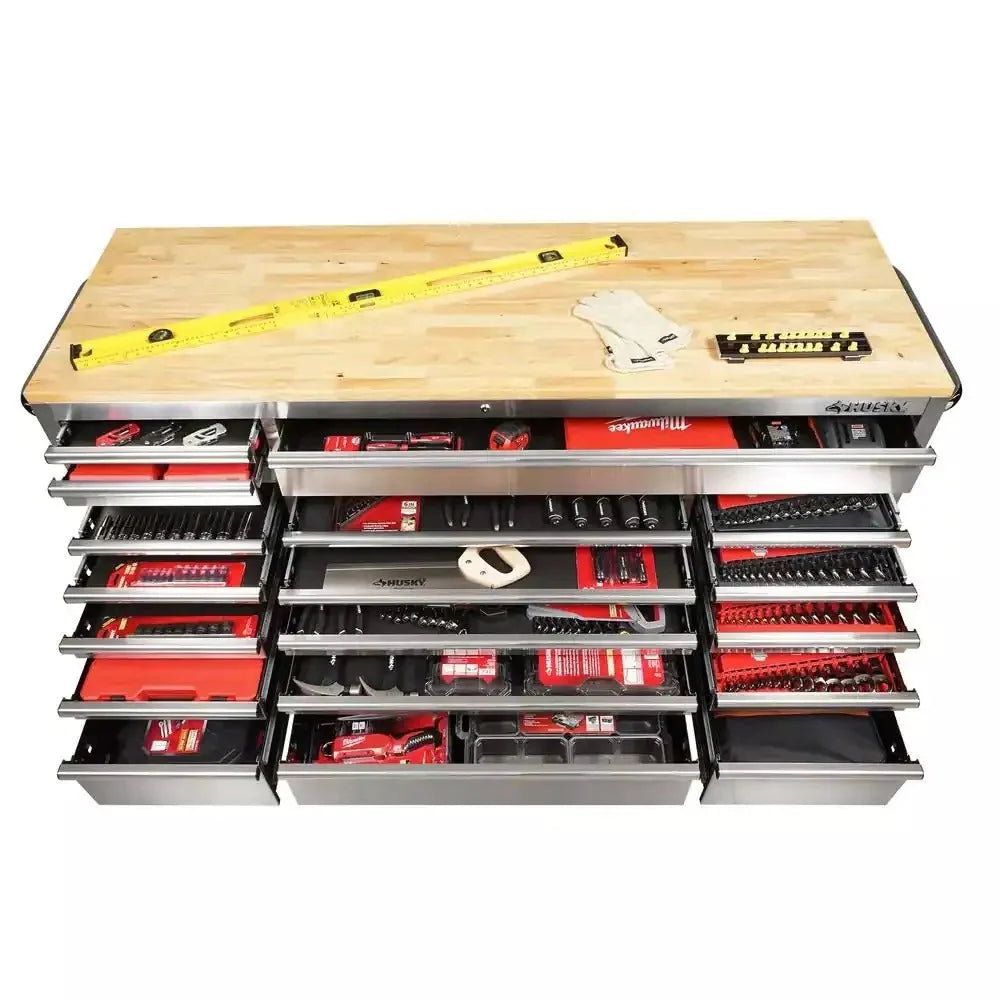 72 in. 18-Drawer 24 in. D Mobile Workbench With Solid Wood Top - Stainless Steel
