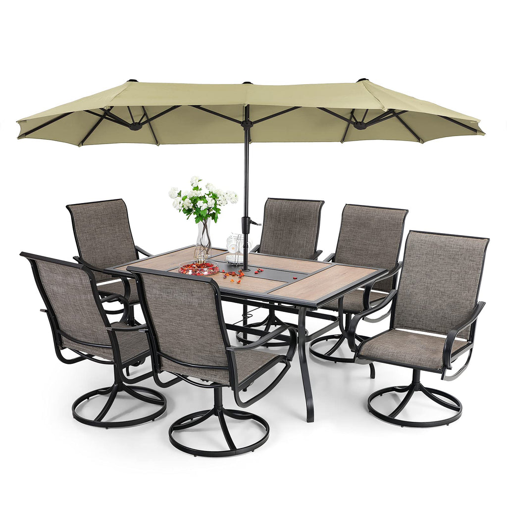 Patio Dining Set With Umbrella And 6 Sling Dining Swivel Chairs, 8-Piece - 60 x 37.4 x 28 Inches