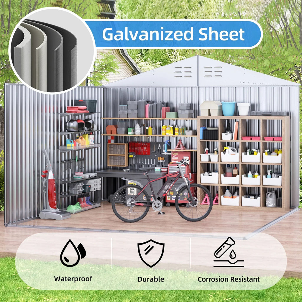 JAXPETY 10 x 10 ft Outdoor Metal Storage Shed With Window And Lockable Door - Brown