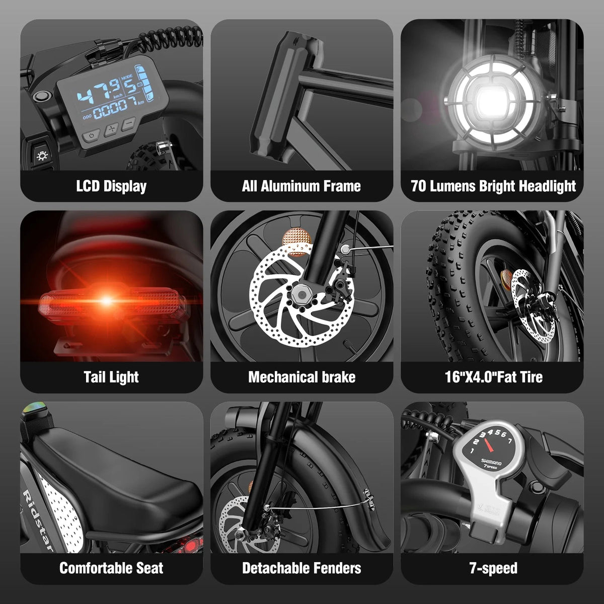 1500W Electric Mountain Bike 48V 20Ah, 20 inch Fat Tires, Shimano 7-Speed, Full Suspension - q20-1500w