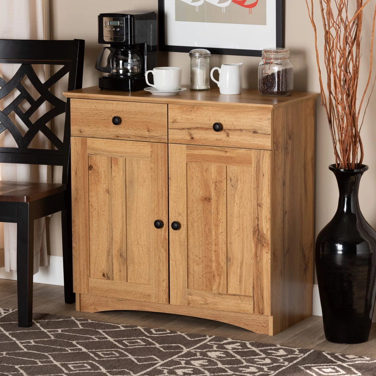 Baxton Studio 2-Door Buffet Kitchen Cabinet, Oak Brown Finished Wood - Lauren