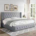 Queen Size Lift-Up Storage Bed With Wingback Headboard, Upholstered Platform Bed Frame With Hidden Storage