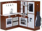 BRINJOY Corner Wooden Kids Play Kitchen With Faucet, Sink, Microwave, Oven, Apron, Blackboard, Sound And Light