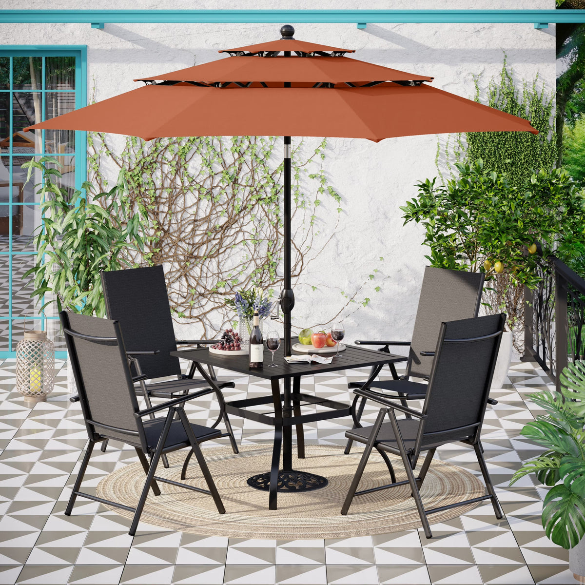 MAISON ARTS 6-Piece Patio Dining Set With 4 Adjustable Folding Chairs, Square Metal Table And 10ft Umbrella
