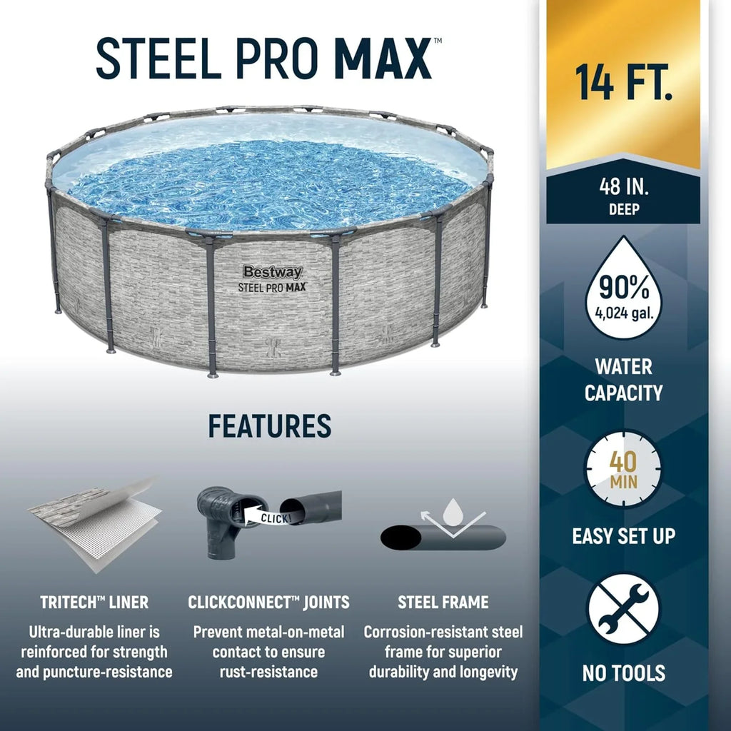 Steel Pro MAX 14 Foot x 48 Inch Round Steel Frame Above Ground Pool Set With 1,000 Filter Pump, Ladder And Cover - Gray