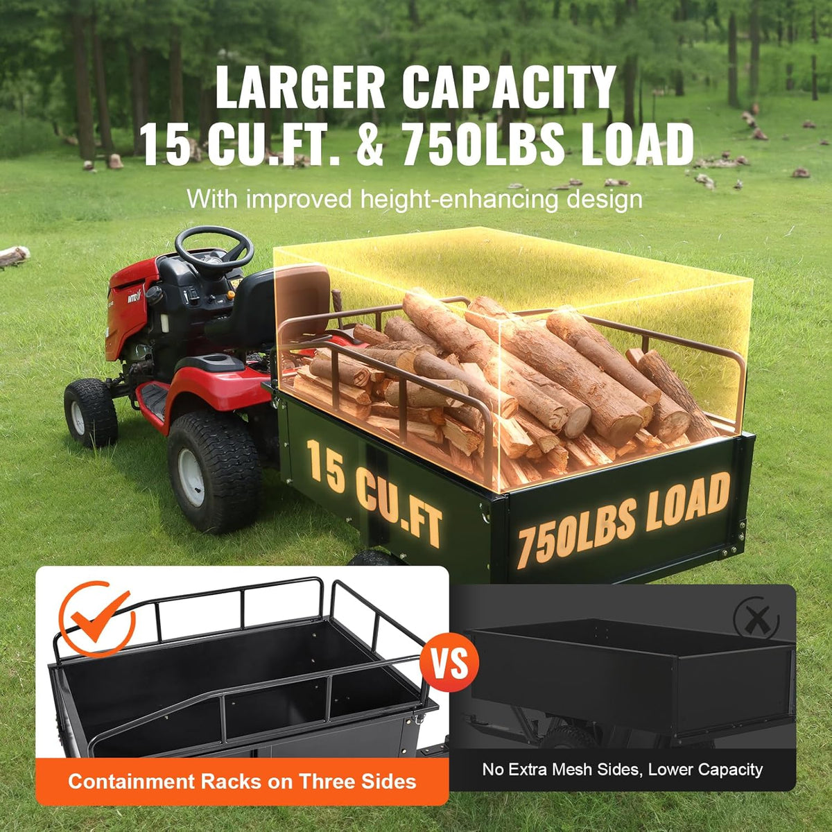 VEVOR Steel ATV Dump Cart, 750 lbs, 15 Cubic Feet - Garden Utility Trailer