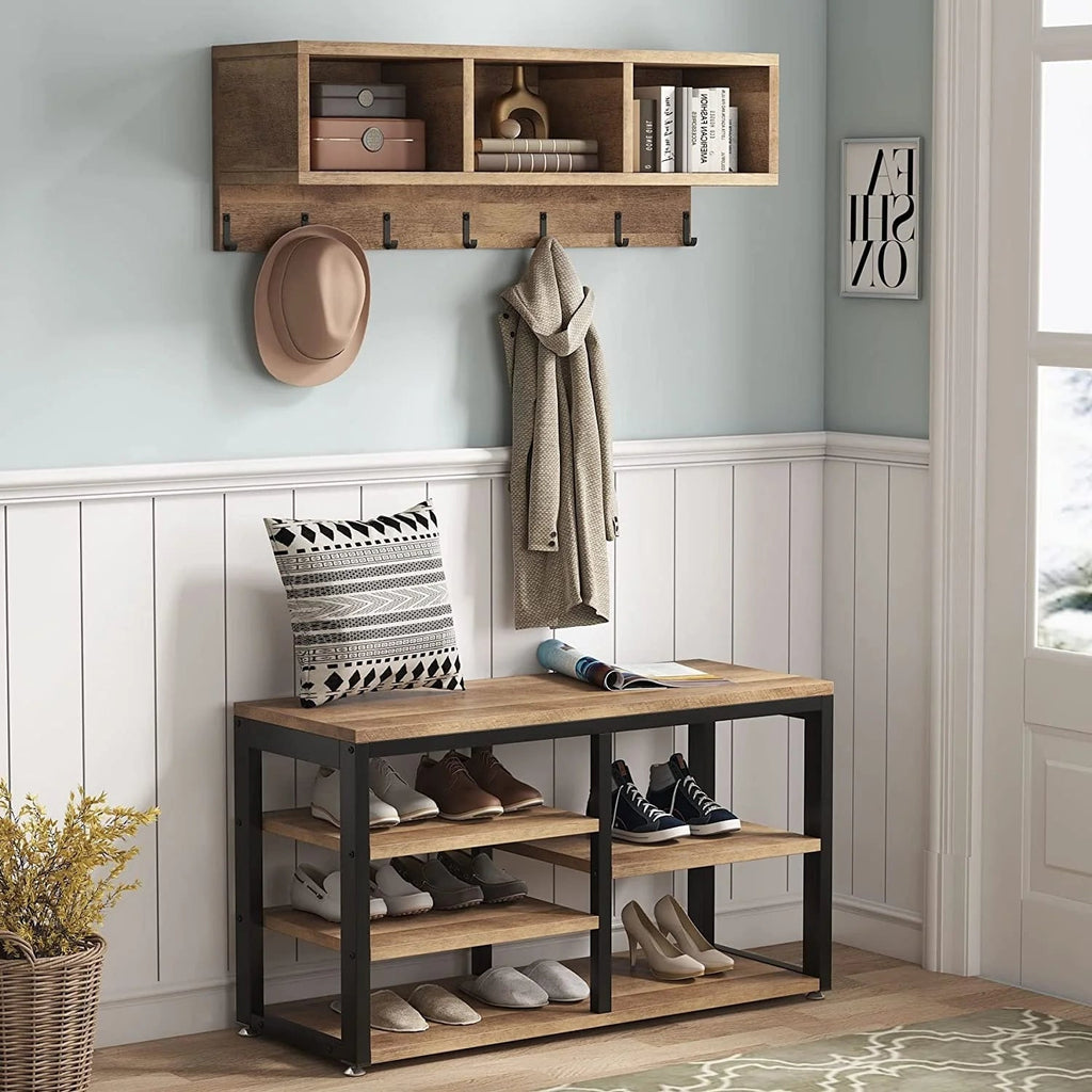 5-in-1 Entryway Hall Tree With Coat Rack, Shoe Bench, 7 Hooks, 3 Cubbies And 3-Tier Shoe Rack