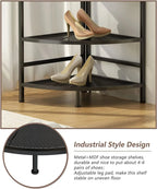 Corner Coat Rack Hall Tree With Shoe Bench, 6 Metal Hooks, Rustic Brown And Black, 17.72in x 17.72in x 72.05in