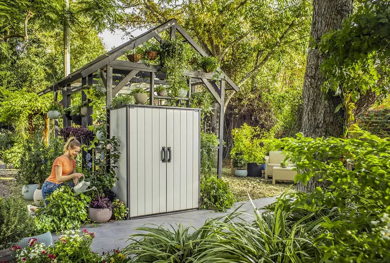 Keter Premier Vertical Outdoor Storage Shed With Floor, Lockable Double Doors, Grey