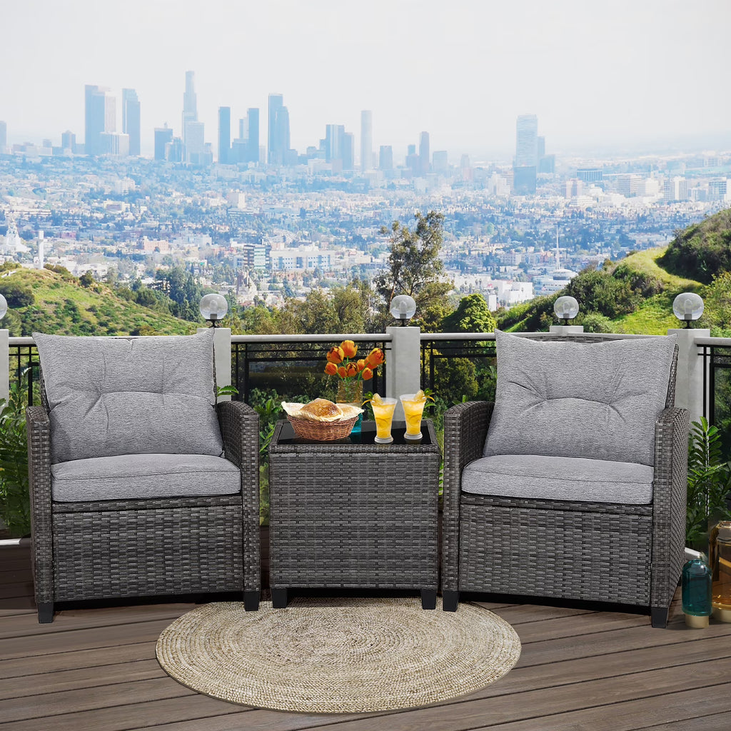 Gymax 3-Piece Patio Rattan Conversation Set With Glass Tabletop And Grey Cushions