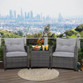 Gymax 3-Piece Patio Rattan Conversation Set With Glass Tabletop And Grey Cushions