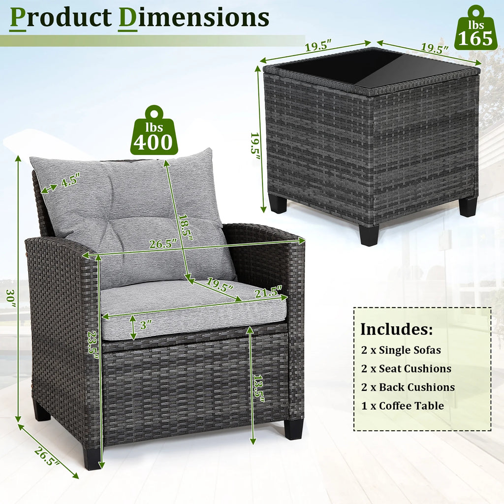 Gymax 3-Piece Patio Rattan Conversation Set With Glass Tabletop And Grey Cushions