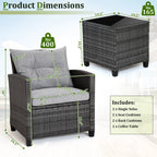 Gymax 3-Piece Patio Rattan Conversation Set With Glass Tabletop And Grey Cushions