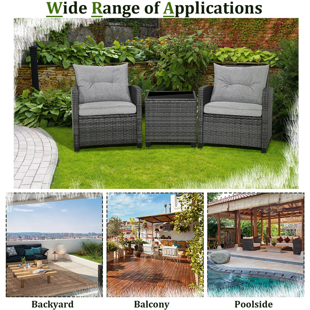 Gymax 3-Piece Patio Rattan Conversation Set With Glass Tabletop And Grey Cushions